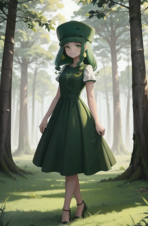 Obra de arte, melhor qualidade, fino3, pele verde, Garota gosmenta, green hat, vestido verde, seios grandes,standing, Envergonhado, grama, trees, campo, sorriso, sobrancelha franzida