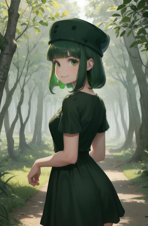 Obra de arte, melhor qualidade, fino3, pele verde, Garota gosmenta, green hat, vestido verde, seios grandes,standing, Envergonhado, grama, trees, campo, sorriso, sobrancelha franzida