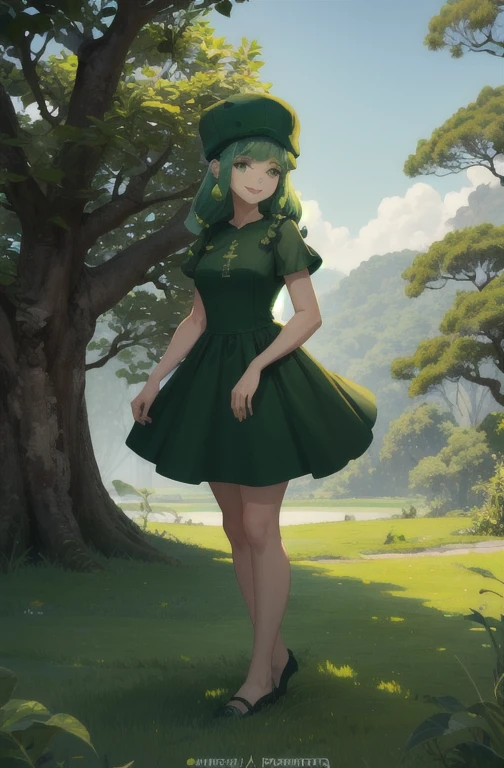 Obra de arte, melhor qualidade, fino3, pele verde, Garota gosmenta, green hat, vestido verde, seios grandes,standing, Envergonhado, grama, trees, campo, sorriso, sobrancelha franzida