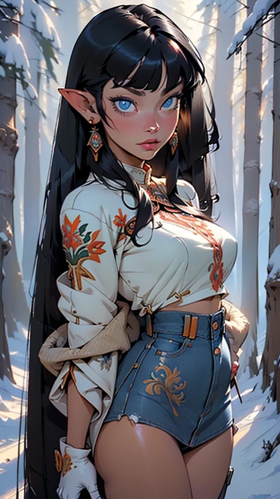 cute elf,(((little ,tiny little body,little))),(((6 years old))),((anime elf with extremely cute and beautiful black hair)),(((elf))),(((elf ears,pointed ears))),
(((flat chest))),((((black hair:1.35,((straight hair:1.3)),((very straight hair,very_long hair:1.5)),((The beauty of extra-long hair)),((Super Long Straight Hair)),((bangs)),colored inner hair,ear breathing)))),(((blue_eyes:1.3))),intricate eyes,beautiful detailed eyes,symmetrical eyes,big eyes:1.5,(((lustrous skin:1.5,bright skin: 1.5,skin tanned,shiny skin,very shiny skin,shiny body,plastic glitter skin,exaggerated shiny skin,illuminated skin))),(detailed body,(detailed face)),
cute,slutty,erotic,daring,((nsfw)),
zettai ryouiki,revealing clothing,show skin,(((Sexy denim fur coat, denim fur coat outfit, wearing a denim fur coat:1.3,denim winter coat))), ((denim mini-skirt,ivory mini skirt with furry edge,visible thong straps)),((underpants strap)),(white gloves,denim clothes,semi-naked,with little denim clothing),((((furry edge clothing)))),(((intricate outfit,intricate clothes,embroidered outfit,ornate outfit,embroidered clothes,ornate clothes))),
(dynamic pose:1.0),embarrassed,(centered,scale to fit dimensions,Rule of thirds),
((snowy pine forest)),winter,scenery:1.25,((intricate scenery)),((snow forest background)),
(Glossy winter ornaments),highres,sharp focus,(ultra detailed,extremely detailed),(photorealistic artwork:1.37),(extremely detailed CG unity 8k wallpaper),(((vibrant colors,vibrant theme))),(intricate),(masterpiece),(best quality),artistic photography,(photography taken by sldr),(intricate background),perfect rendered face,perfect face details,realistic face,photo realistic,((intricate detail)),(((realism))),