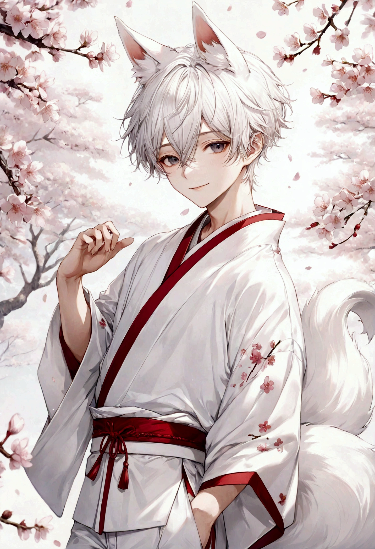 ((top-quality)), ((​masterpiece)), ((ultra-detailliert)), (extremely delicate and beautiful), teenage boy, white hair, white fox ears, white kimono, long pants, white fox tails, gentle smile, cherry blossoms in the background