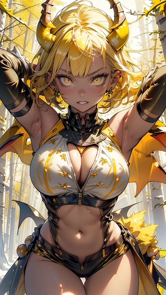 ((Demon girl,demon wings, yellow wings,demon horns)), 1 demon girl, girl,1girl,((extremely cute and beautiful demon yellow haired girl)),(large breasts:1.4),((((short yellow hair:1.35,bangs,colored inner hair,ear breathing)))),(((yellow_eyes:1.3))),intricate eyes,beautiful detailed eyes,symmetrical eyes,garnet eyes,((((lustrous skin:1.5,tanned skin,bright skin:1.5,skin tanned,shiny skin,very shiny skin,shiny body)))),(spider lower abdomen,narrow waist,wide hip,athletic body,inflated legs,thick thighs,detailed body,(detailed face)),((heart pupils:1.4, heart,hearts,heart marks)),

cute,slutty,seductive,erotic,(nsfw),

choker,latex,leather jacket,yellow shirt,leather short,(yellow theme:1.2),(yellow tone:1.2),black tone,((navel)),(((unzipped, open fly))),

(dynamic pose:1.0),(grin:0.6),provocative,(centered,scale to fit dimensions,Rule of thirds),

((snowy yellow cherry forest:1.5)),winter,scenery:1.25,((intricate scenery)),((snow forest background)),Christmas tree,

(Glossy winter ornaments),highres,sharp focus,(ultra detailed,extremely detailed),(photorealistic artwork:1.37),(extremely detailed CG unity 8k wallpaper),(((vibrant colors,vibrant theme))),(intricate),(masterpiece),(best quality),
