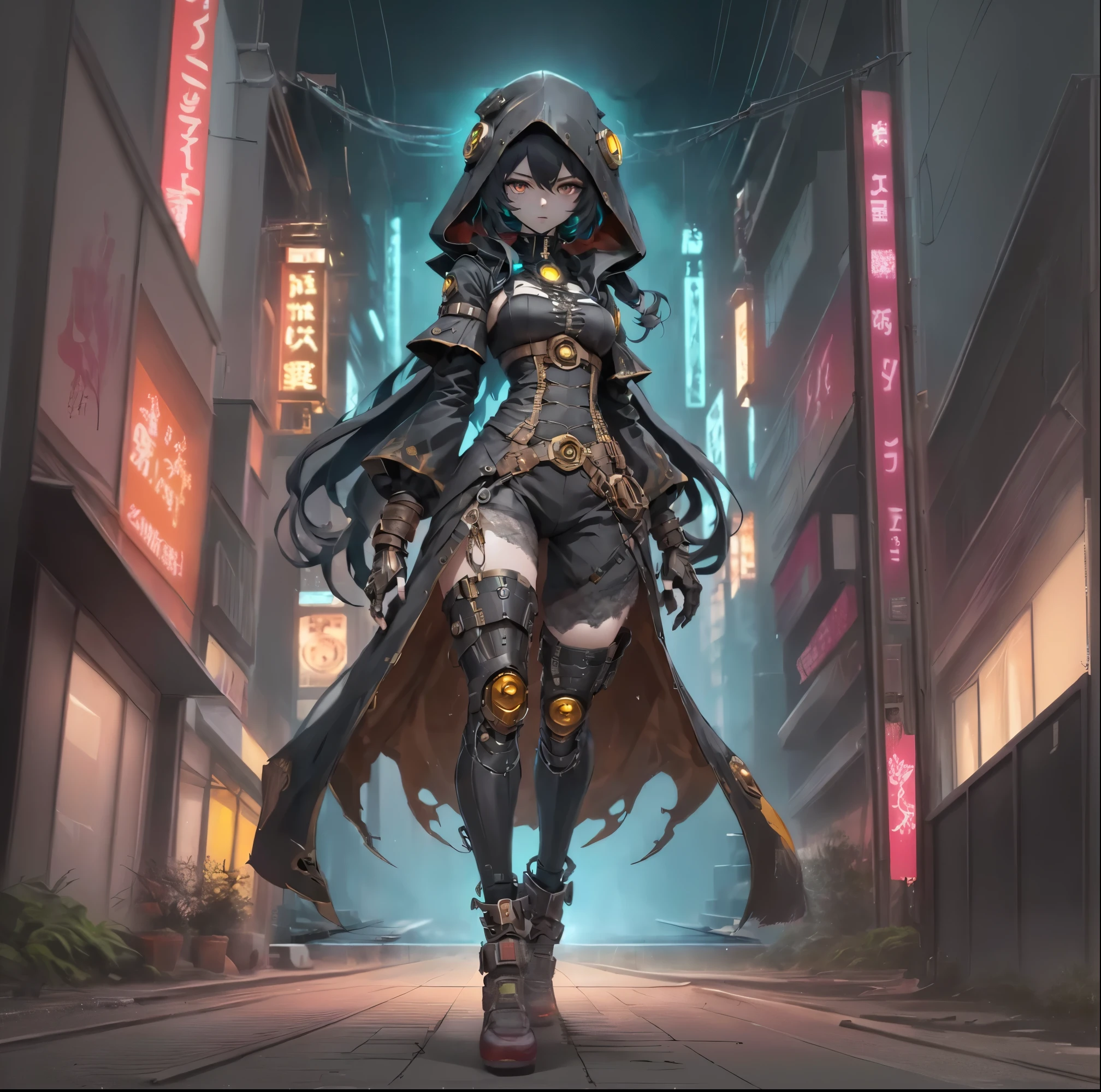 The setting is the street in the center around buildings in the middle of a Tokyo street. varias luzes e leds de comercios. cenario cyberpunk. ambiente noturno, vibrante e melancolico. at the bottom of the image are the metallic feet of a female figure and the street floor.. arte estilo anime altamente detalhado.