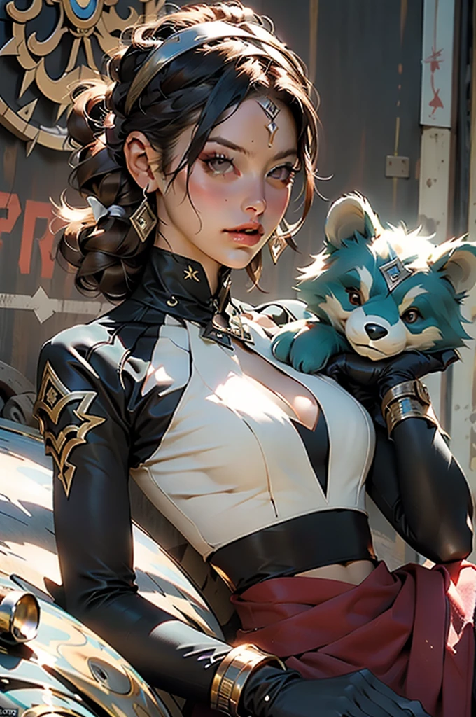 (((mulher))), (((melhor qualidade))), (((obra prima))), (((adulto))), Uma guerreira steampunk mulher de 35 anos com corpo perfeito, Gladiadores do Brooklyn, (( sob os peitos )), (((Capuz vermelho))), Holding a macabre teddy bear, quase nua no estilo selvagem urbano de Simon Bisley para a capa da revista Heavy Metal, cabelo verde, Minimum clothing, red and white checkerboard pattern, armadura, cheio de pontas e rebites, tatuagem tribal, (((do joelho pra cima))), cabelo verde desalinhado