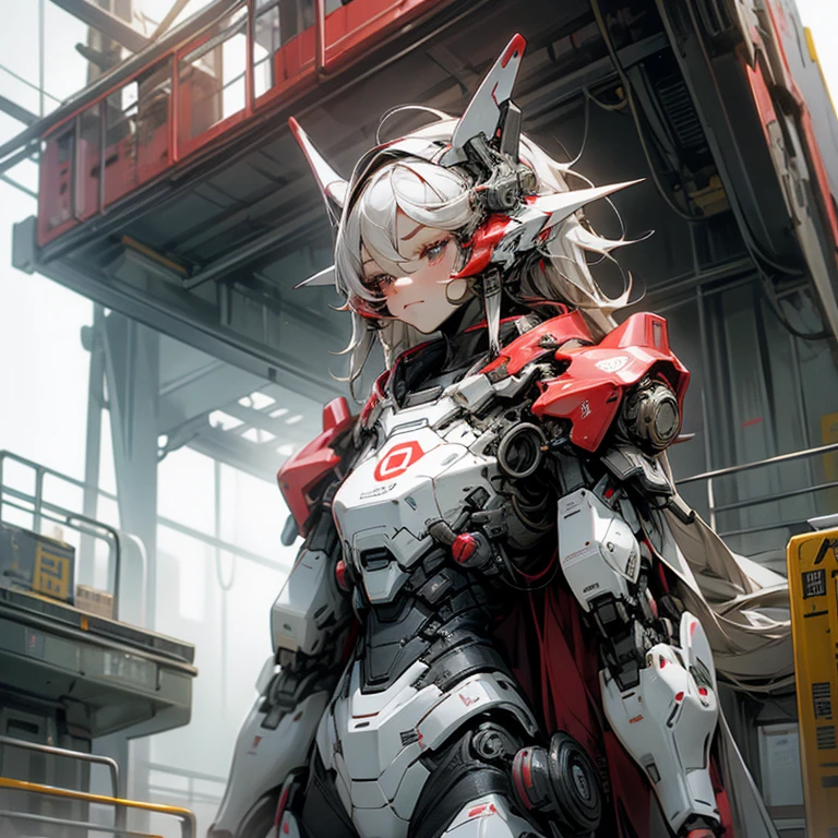 The head is in the shape of a stapler、Red line design on white background、Female robot、Stand in front of the building、high-level image quality、high-detail、The face is female、Eight-headed body