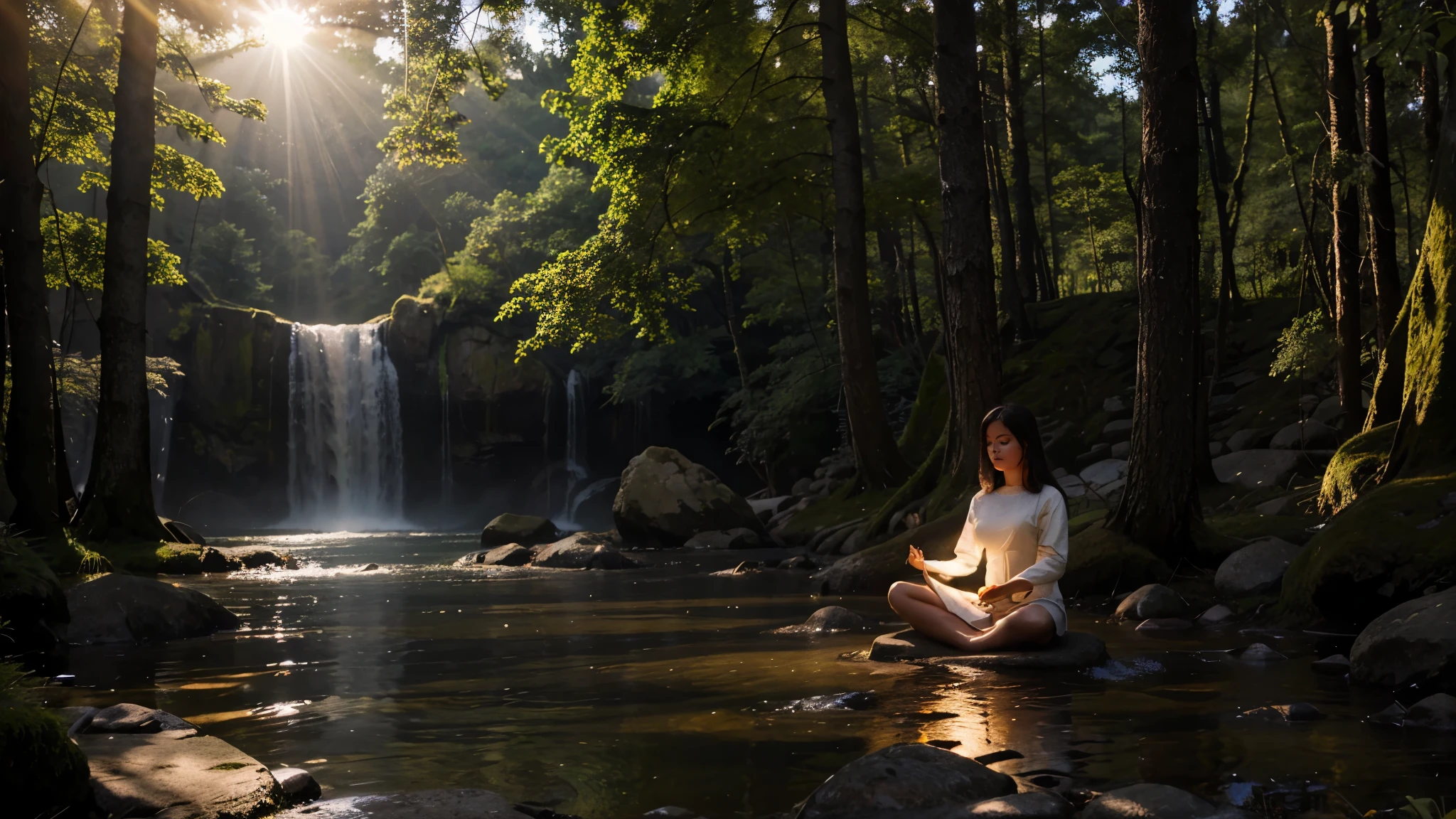 Create an image of a woman meditating in a mystical place being illuminated by sun rays