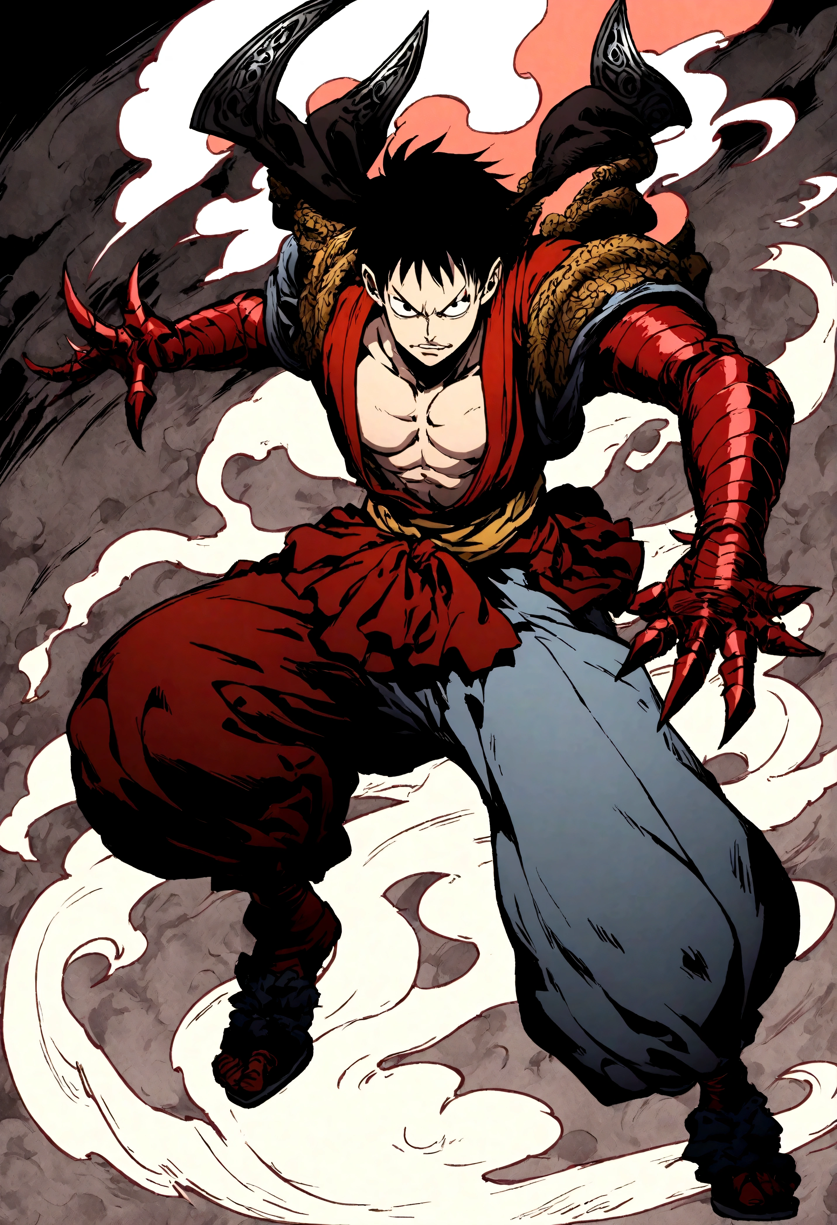 Full body shot of Luffy as an Oni, Japanese onmyoji warrior with dark hair and fierce expression wearing full armor in the style of One Piece anime from the Edo Sengoku era, detailed face features in a manga art style with a manga panel design, full body in a dynamic pose against a detailed background with swirling smoke effects on a smoke background with a white marble background giving it a fantasy art aesthetic, high resolution with high contrast, cinematic lighting, vibrant colors, sharp focus and high detail.