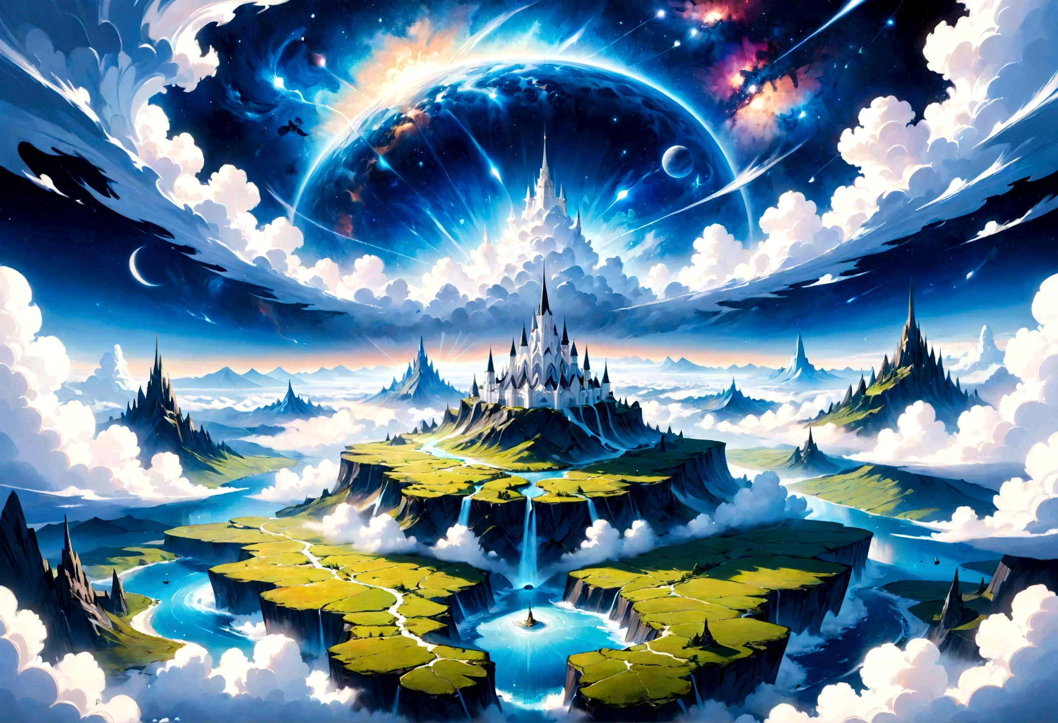 a white and blue based dream landscape within a cloud galaxy