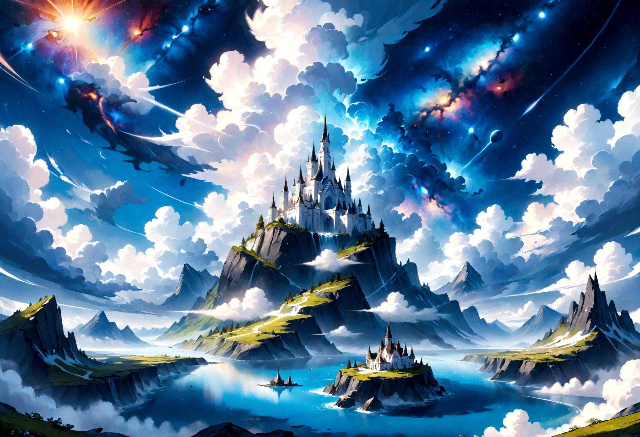 a white and blue based dream landscape within a cloud galaxy
