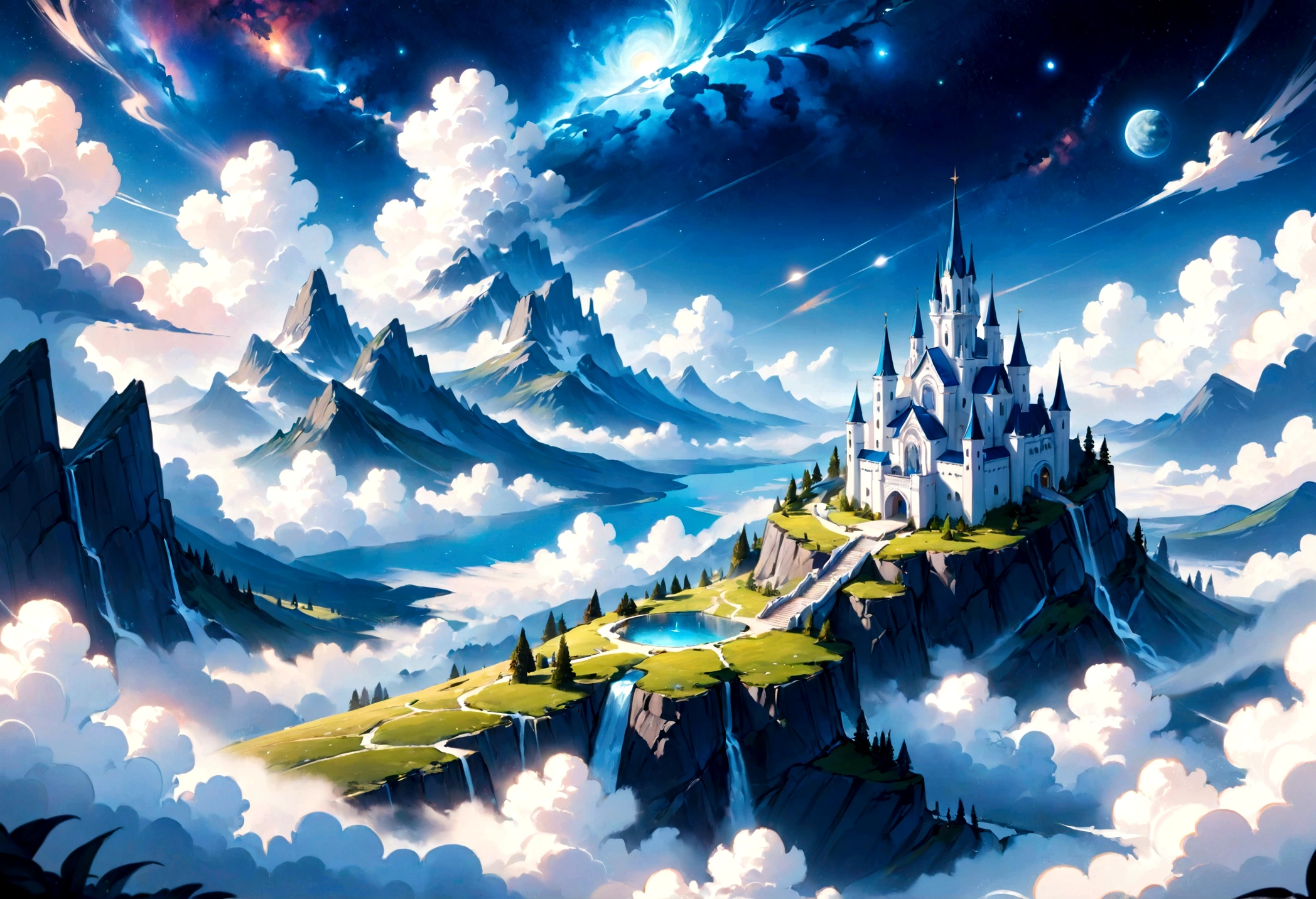 a white and blue based dream landscape within a cloud galaxy