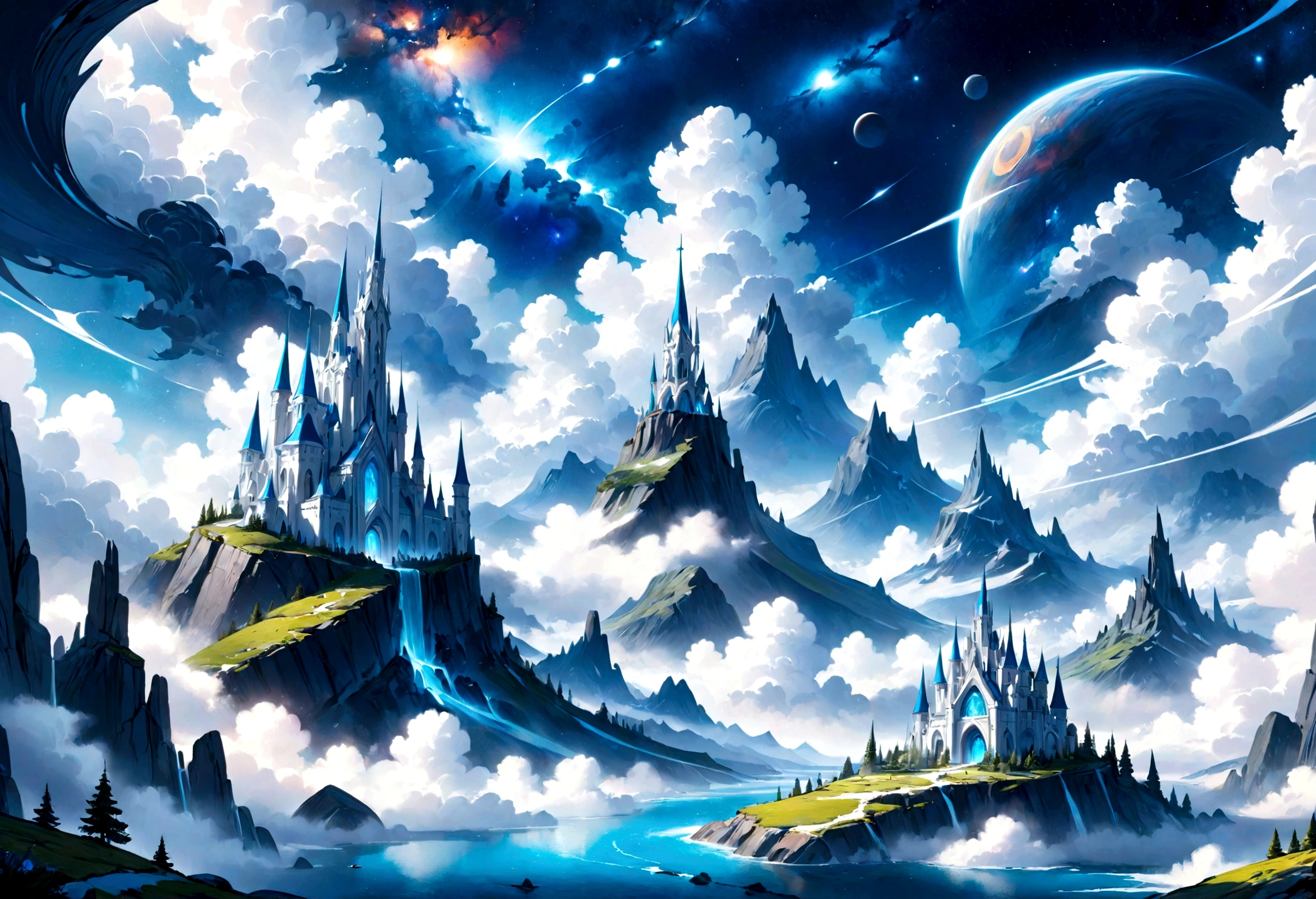 a white and blue based dream landscape within a cloud galaxy