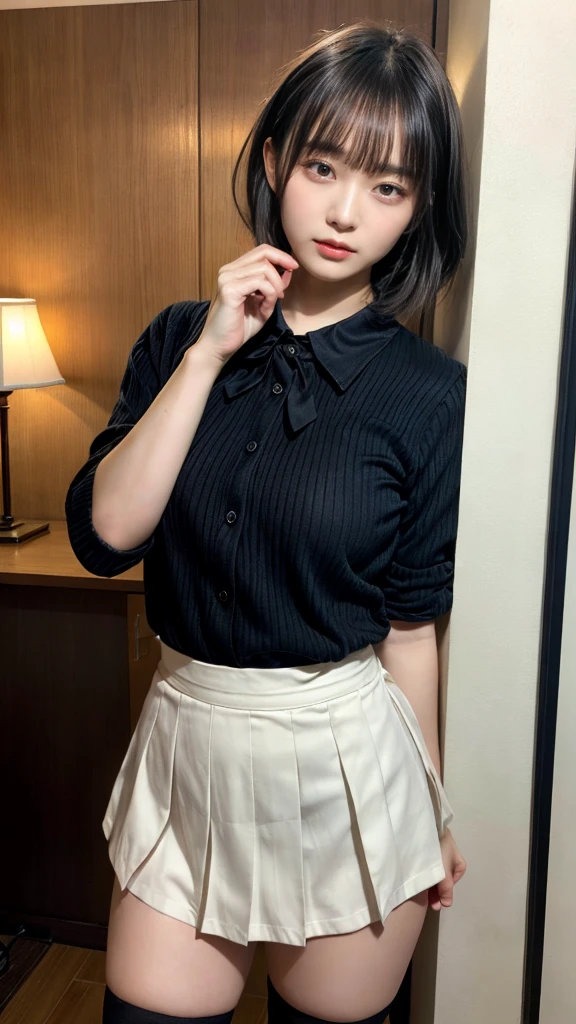 masterpiece, best quality, illustration, Super detailed, fine details, High resolution, 8K,wall paper, perfect dynamic composition,(Details High quality, realistic depiction of eyes:1.3), standing, (collared shirt:1.1), pleated skirt, short bob hair、black hair color, Big Natural Color Lip, bold sexy pose, crying a little、Harajuku style、acrobatic pose, 20 year old girl、cute type、lolita、beautiful legs, hotel room, gravure idol, Voluptuous thighs, huge breasts, Don't expose it