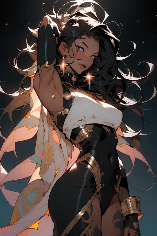 ((Best quality)), ((masterpiece)), (detailed: 1.4), (Absurd), muscular woman of 35 years, black kinetic skin with (((exposed black muscles)))), hot woman, sculptural body with defined muscles, closed mouth, muscular body covered by a micro thong, whole body covered by Genesis evangelion neon style clothing, (((large breasts)), (eyes with heavy and very black makeup), (((unkempt hair)), (stars covering the body), ((drawings of golden stars on the arms)), very long eyelashes, heavy eye makeup, lots of jewelry, by mucha, niji --V5, close to real, psychopath, crazy face, sexy pose, 2 piece clothes, pastel, centered, scale to fit the dimensions