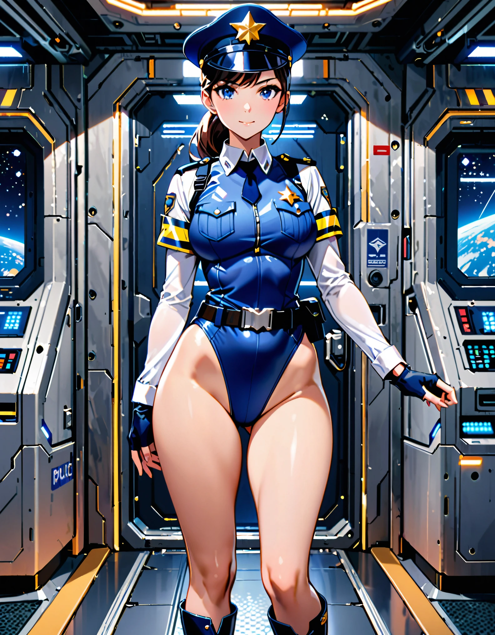 (masterpiece), (best quality), (high res),1girl, tall body, ponytail, beautiful detailed eyes, beautiful detailed face, cute face, perfect hands, complete fingers, perfect anatomy, perfect proportions, ((hat, dark blue police hat)), ((leotard, matching leotard, bare legs)), ((boots, matching boots)), breasts, medium breasts, fingerless gloves, (full body portrait), looking at viewer, solo, solo focus, standing, police uniform, cowboy shot, space station backdrop, indoors, (belt, tight belt), (armbands, white sleeves), full body costume design.