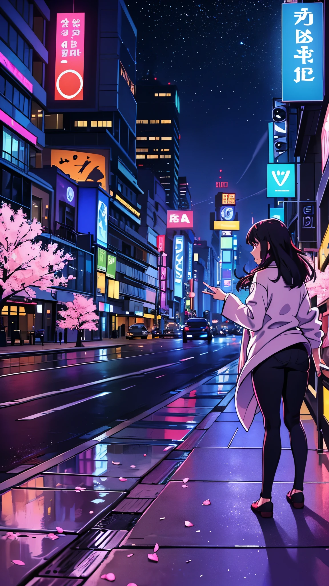 Big city street at night illuminated by sparkling lights、Fascinated by the smartphone screen、Revealing stylish hot pants、Surrounded by fragrant pink flowers dancing in the night breeze、A casual passerby adds to the story of silence、The gradations of the night view are carefully captured to give a sense of delicate tones.、Exquisitely detailed for a captivating visual experience、 Ultra-high resolution that exudes a sense of tranquility on the screen, as if it were painted with the soft brush of a master artist