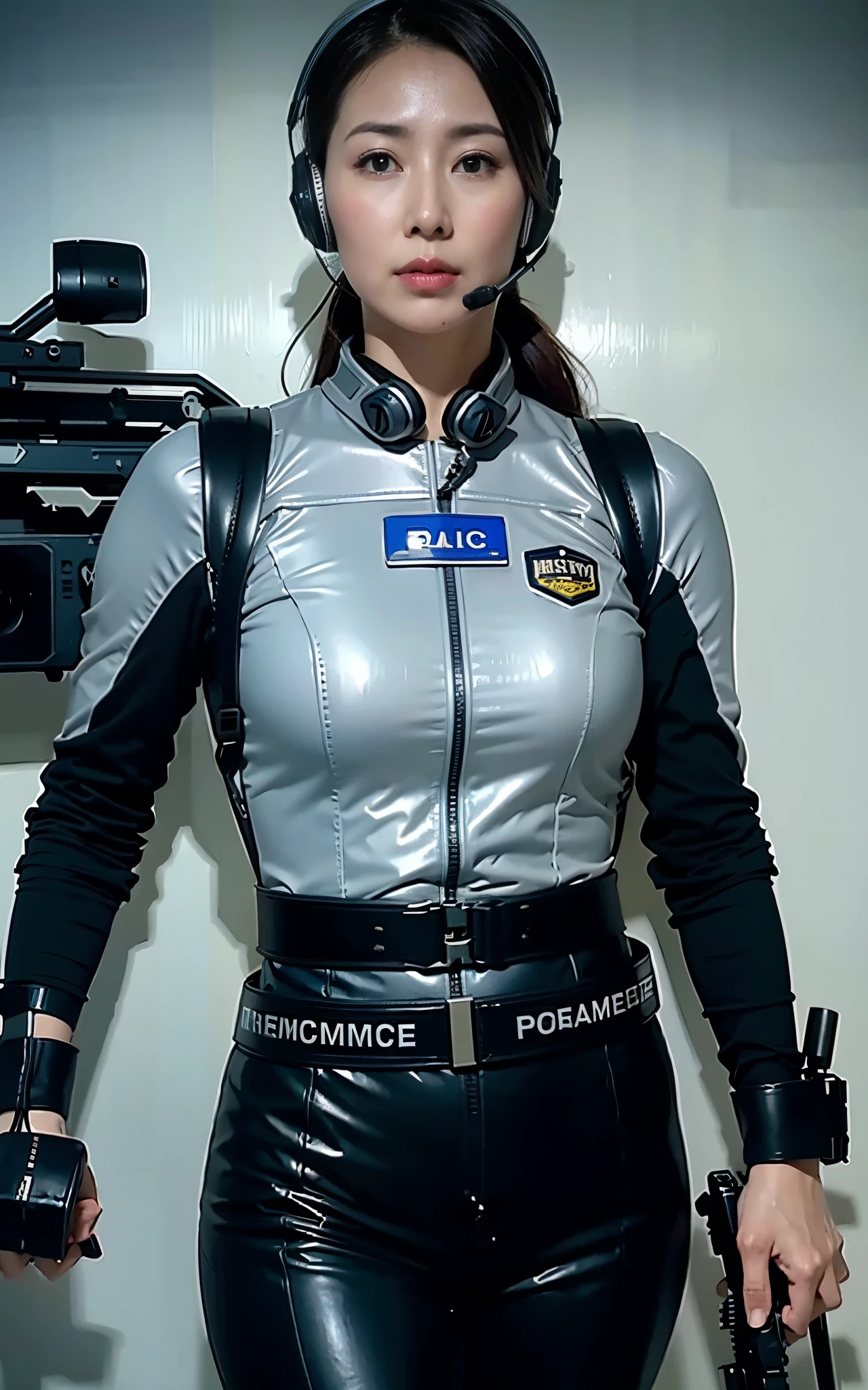 Highest image quality, outstanding details, ultra-high resolution, (realism: 1.4), ((close up:0.75)), the best illustration, favor details, highly condensed 1lady, 40 years old, with beautiful and a delicate face, perfect proportion, (straight standing, normal breast, massive:0.4), (wearing racing suit likes police uniform, black and gray mecha, wearing high-tech headset, military harness, holding a machinegun), captain, background simple gray wall,