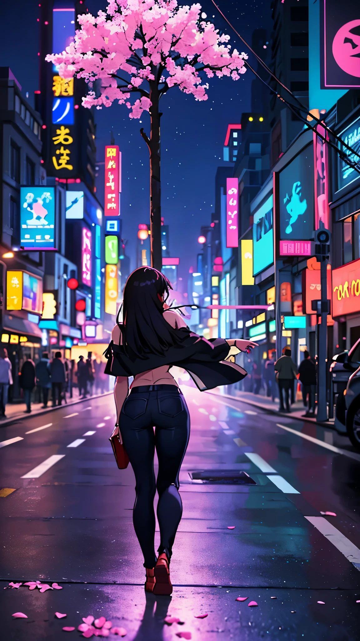 Big city street at night illuminated by sparkling lights、Fascinated by the smartphone screen、Revealing stylish hot pants、Surrounded by fragrant pink flowers dancing in the night breeze、A casual passerby adds to the story of silence、The gradations of the night view are carefully captured to give a sense of delicate tones.、Exquisitely detailed for a captivating visual experience、 Ultra-high resolution that exudes a sense of tranquility on the screen, as if it were painted with the soft brush of a master artist