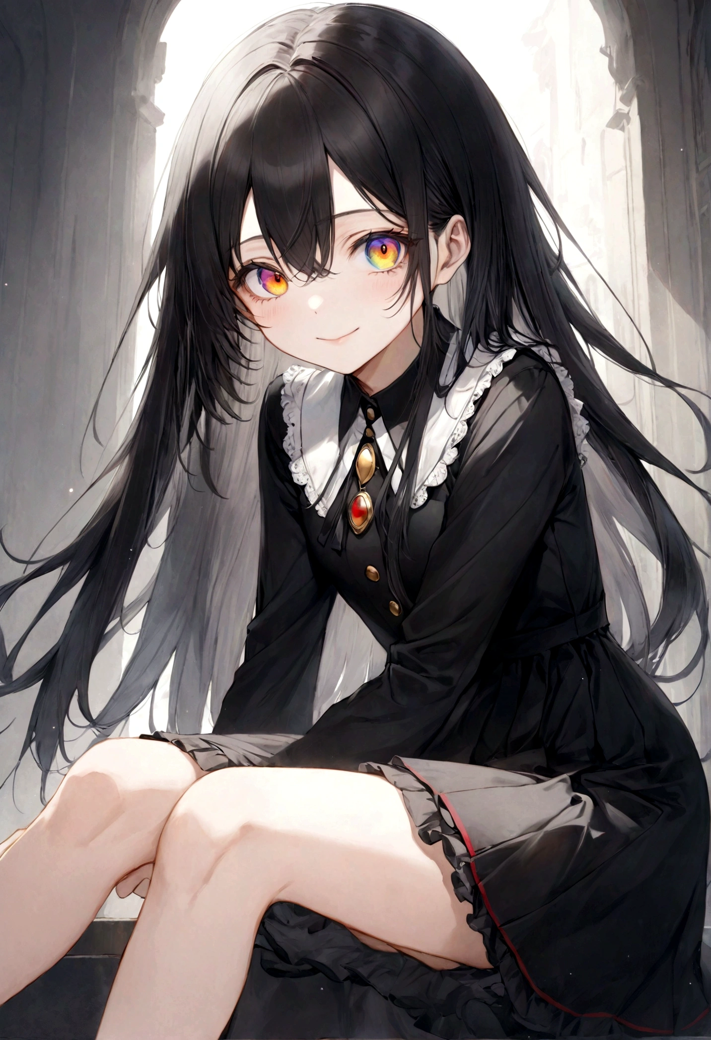 ((top-quality)), ((masterpiece)), ((ultra-detailliert)), (extremely delicate and beautiful), heterochromia, red and gold eyes, long straight hair, raven black hair, black and white uniform dress, knee length dress, teenage girl, kind smile