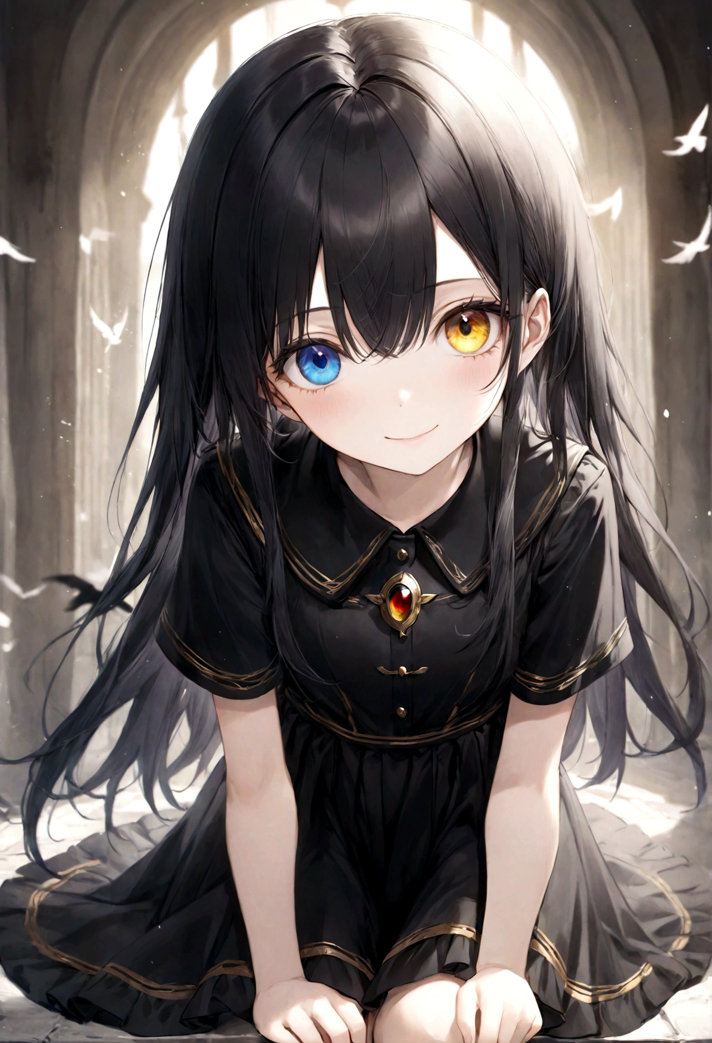 ((top-quality)), ((masterpiece)), ((ultra-detailliert)), (extremely delicate and beautiful), heterochromia, red and gold eyes, long straight hair, raven black hair, black and white uniform dress, knee length dress, teenage girl, kind smile
