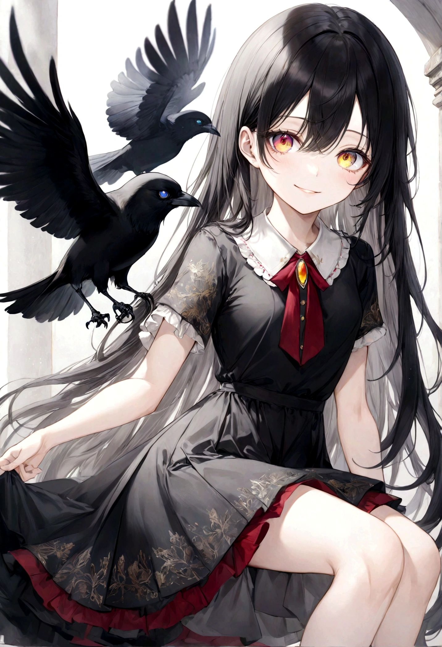 ((top-quality)), ((masterpiece)), ((ultra-detailliert)), (extremely delicate and beautiful), heterochromia, red and gold eyes, long straight hair, raven black hair, black and white uniform dress, knee length dress, teenage girl, kind smile