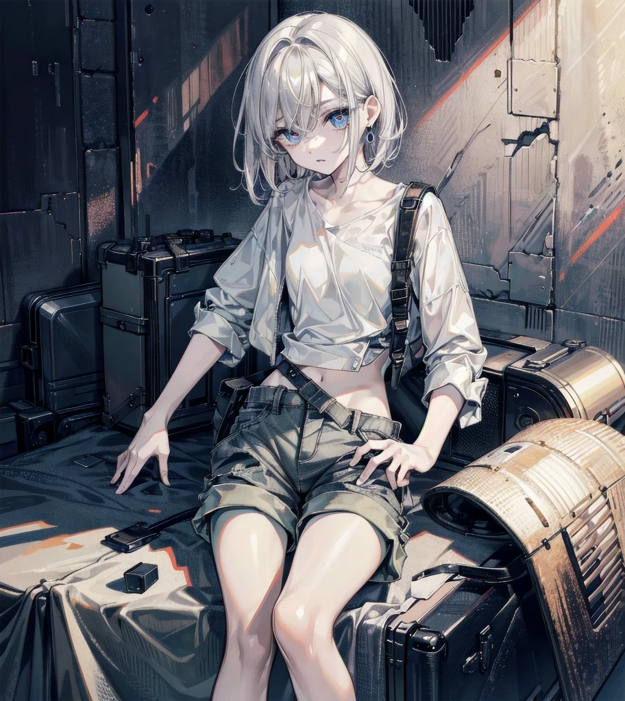 cargo pants, ((shorts)), whole body, absurdres, RAW photo, extremely delicate and beautiful, masterpiece, Best Quality, ultra high resolution, 32k, hyperrealistic, ultra-detailed, detailed description, perfect anatomy, pale skin, 20 years old, detailed beautiful face and eyes, tearful mole, earring, short medium hair, wavy hair,