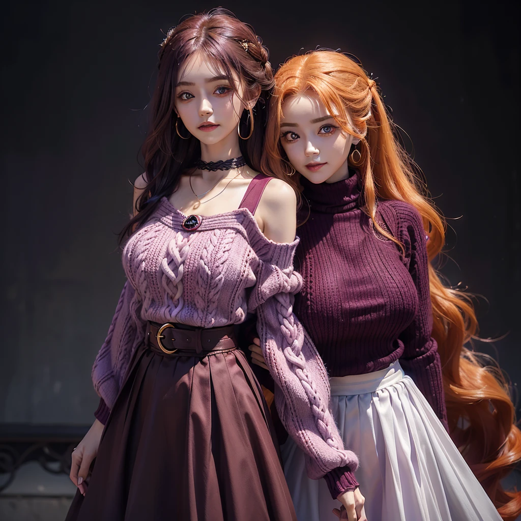 woman((19year old)), hair((orange, wavy, long)), eyes((purple, big eyes)), ((chiffon, knit sweater, long-skirt, maroon)), accessories ((chocker)), gigantic breast, wide hips , standing next to a black g-wagon,  make-up look, smiling expression, 