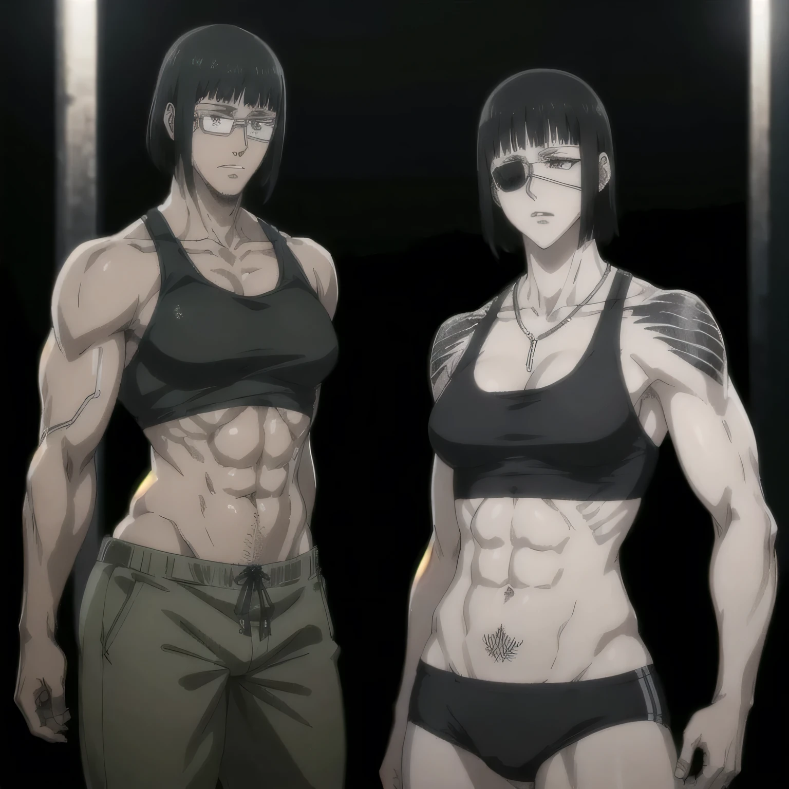 (best quality,ultra-detailed,realistic:1.37),musclaur badass girl with sculpted body have a tattoos wearing sport tank top and black male underwear, full review of the female character's face and body, intense expression, strong and confident posture, studio lighting, vivid colors, physiologically-based rendering, grungy texture, rugged background, dust particles in the air, commanding presence, professional, powerful, gritty aesthetics,Valmet،short hair,necklace,six-pack,eyepatch,handsome look,gym,Body lifting,Valmet prime muscles,stand side of wall,1girl, penis growth inside underwear,tight underwear