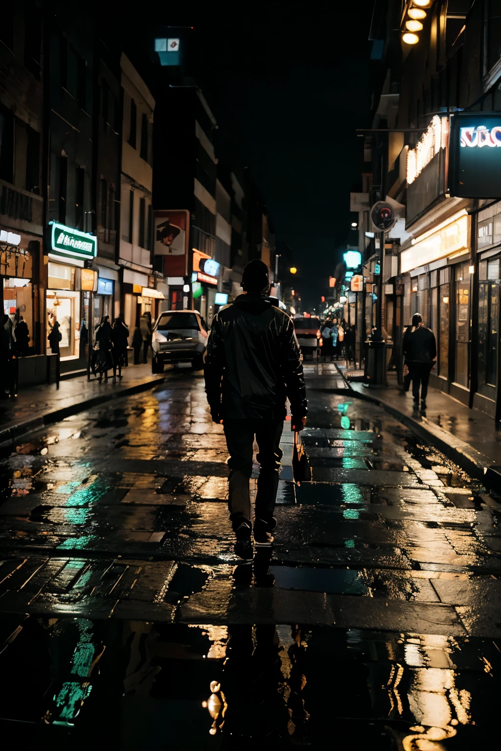 a scene of man walking through the city streets at night, with flashing neon lights and puddle reflections.