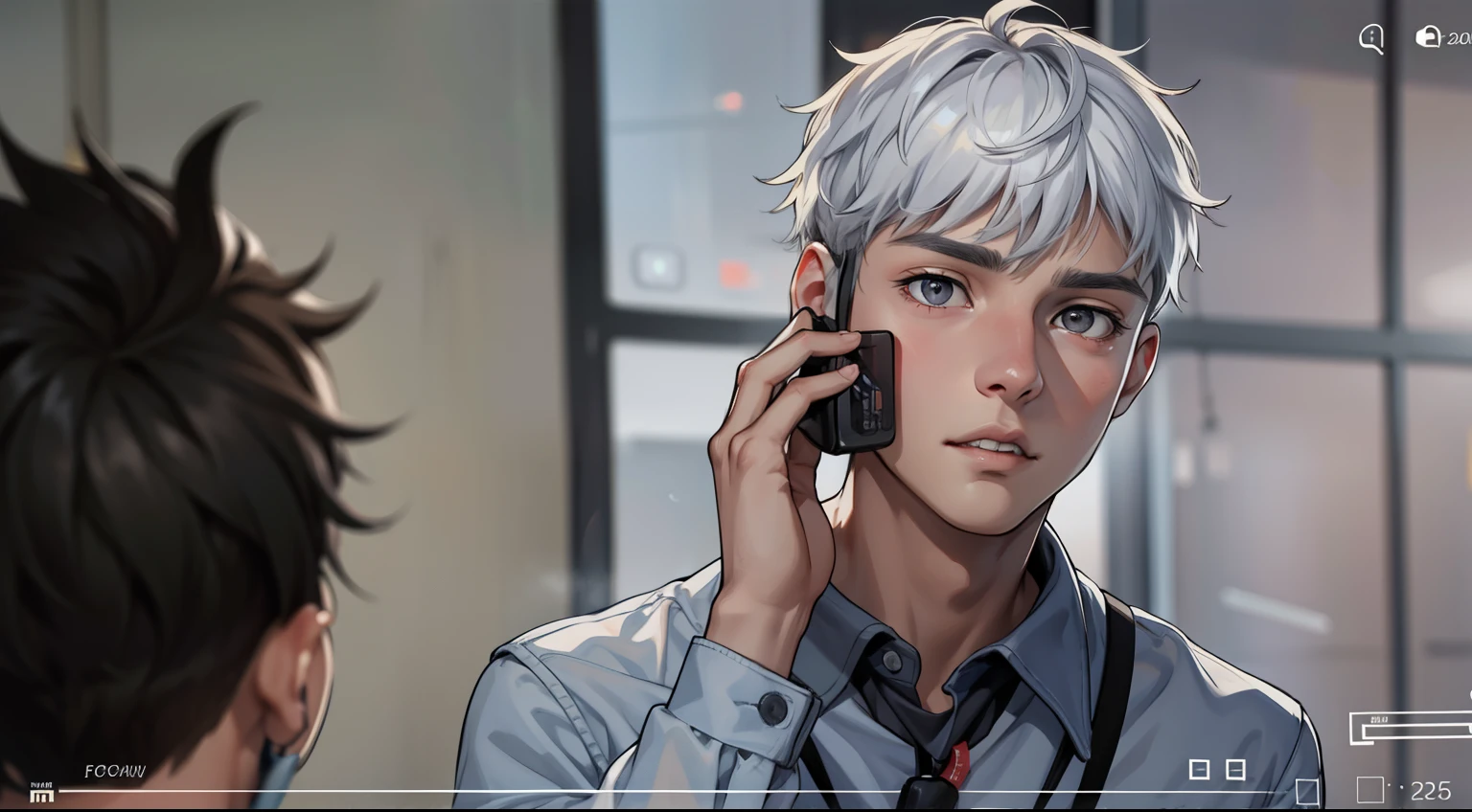talks on cell phone cute 17 year old boy gray eyes gray hair talks worried scared on cell phone