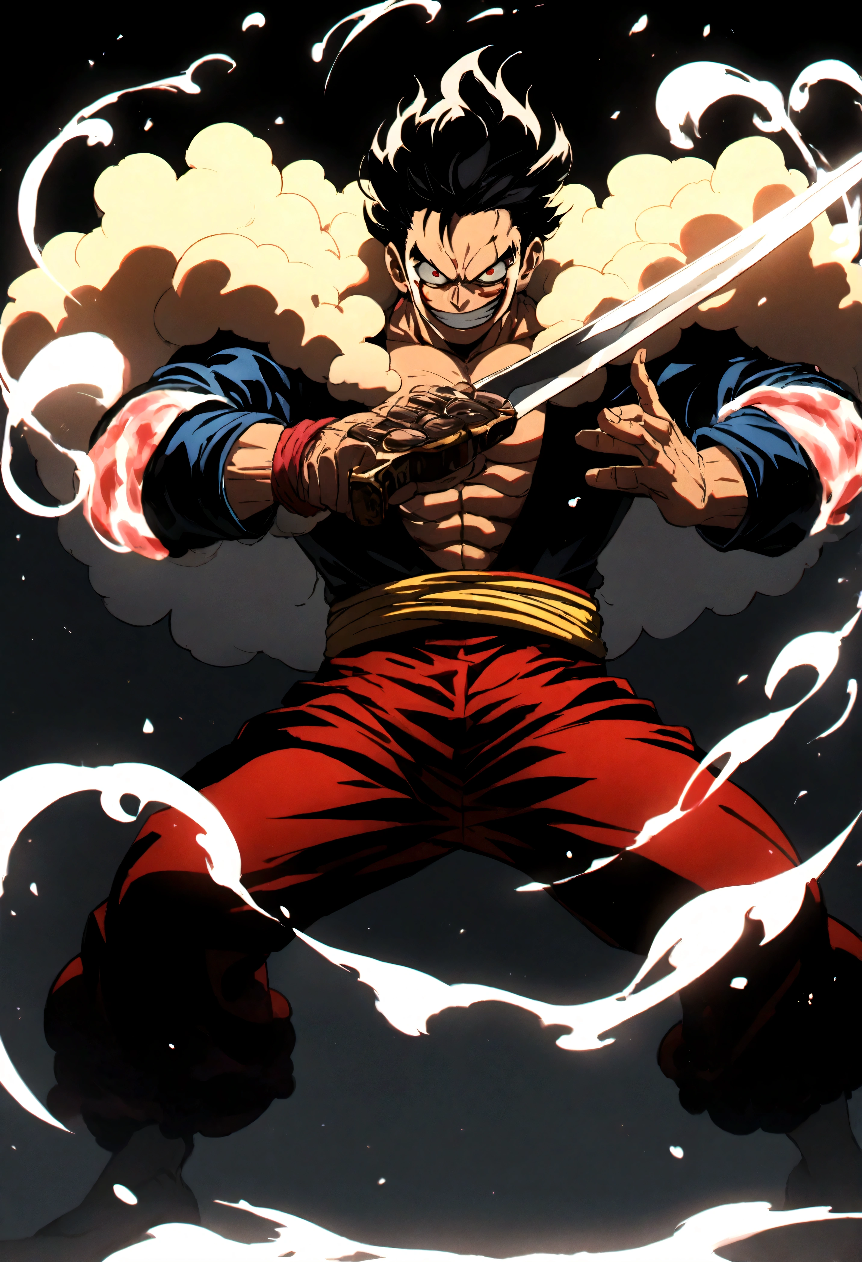 Full body shot,Monkey D. Luffy,Gear fourth,black hair,armor,dark skin,an evil grin on his face,eyes glow blue, holding a sword in both hands,grey mist swirling around him,high resolution with high contrast, cinematic lighting, vibrant colors, sharp focus and high detail.