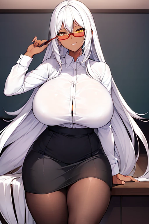 1girl, white hair, long hair, teacher, dark skin, dark-skinned female, white shirt, shirt, glasses, red glasses, yellow eyes, pencil skirt, skirt, mature female, pantyhose, black pantyhose, huge breasts, thick thighs, smile, smirk, smug