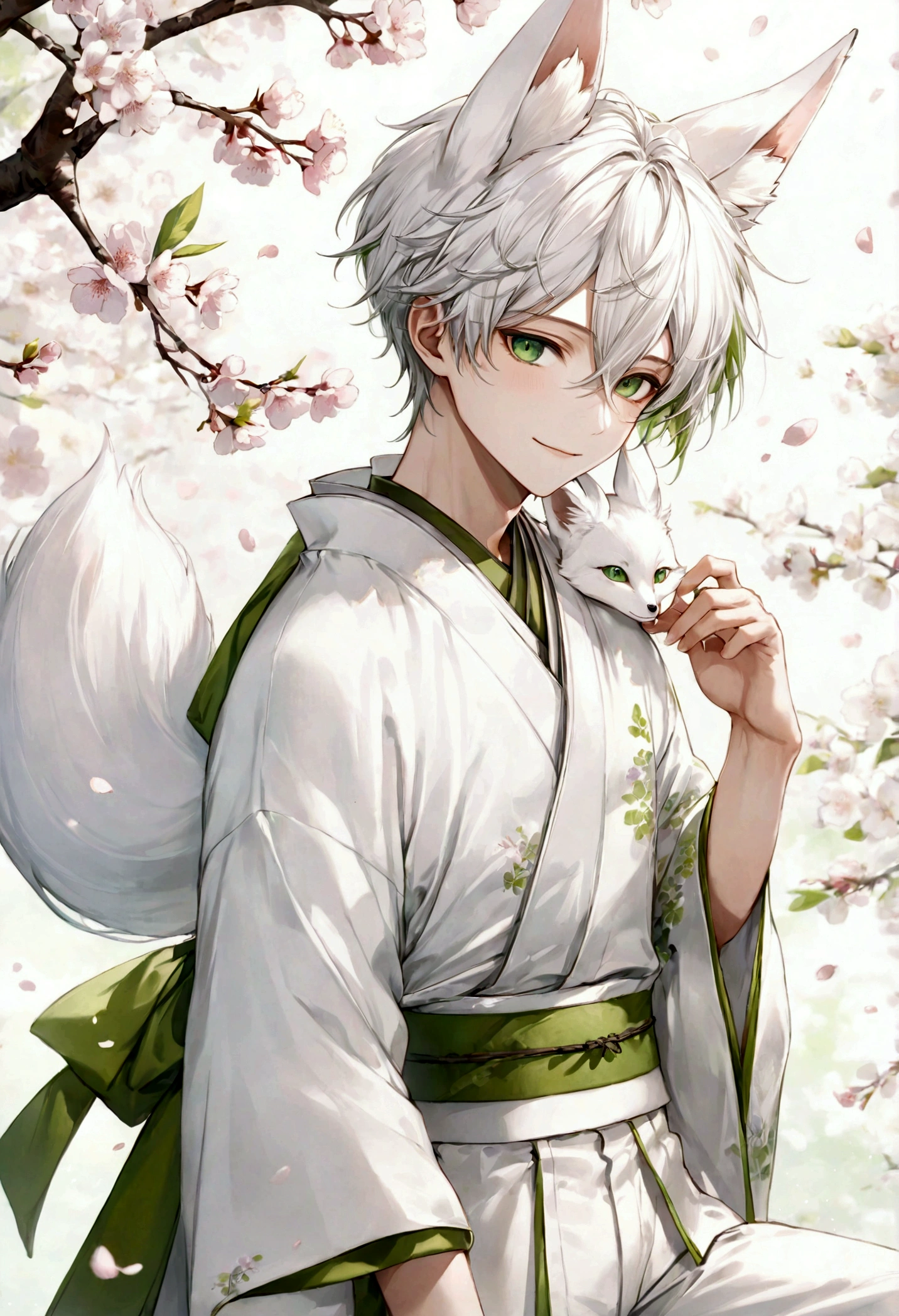 ((top-quality)), ((​masterpiece)), ((ultra-detailliert)), (extremely delicate and beautiful), teenage boy, white hair, white fox ears, spring green eyes, white kimono, long pants, white fox tails, gentle smile, cherry blossoms in the background