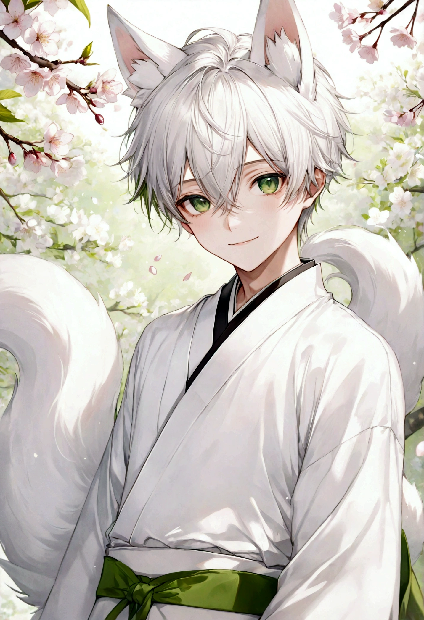 ((top-quality)), ((masterpiece)), ((ultra-detailliert)), (extremely delicate and beautiful), teenage boy, white hair, white fox ears, spring green eyes, white kimono, long pants, white fox tails, gentle smile, cherry blossoms in the background