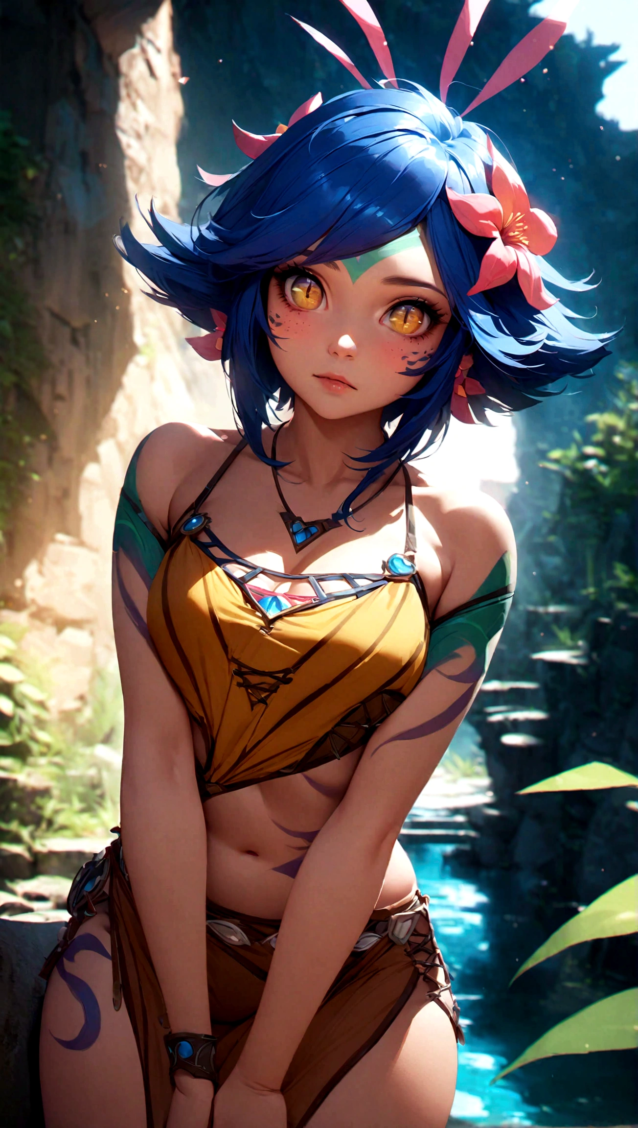 masterpiece,(best quality,top quality,8k),ultra detailed,illustration,painting,detailed eyes and face,(1girl),neeko, multicolored hair,(short hair), facial mark, forehead mark, hair ornament, hair flower, necklace,brown crop top,(puffy eyes),good contrast , high sharpness,(gorgeous),realistic,RAW Photography,(hyperdetailed:1.2)