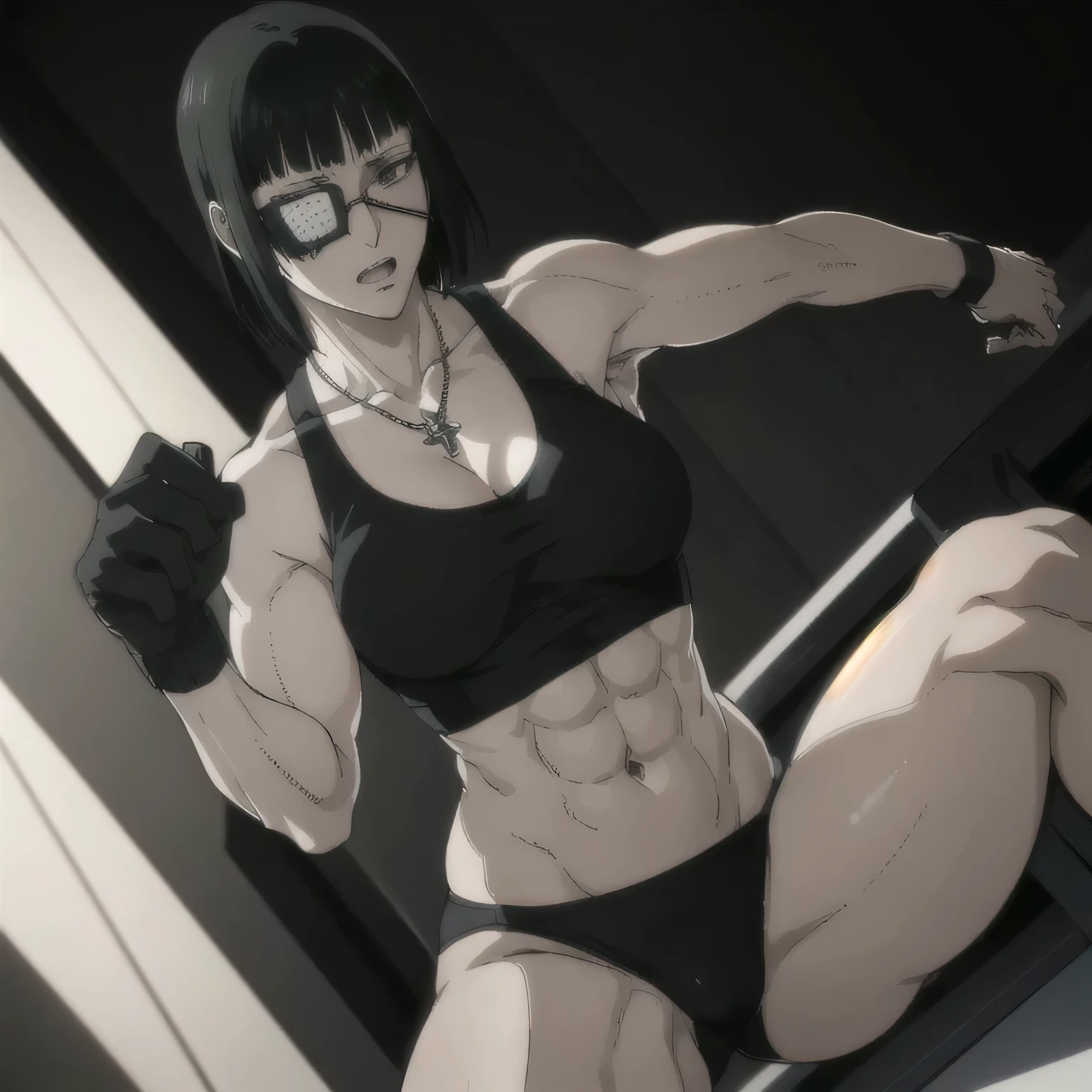 (best quality,ultra-detailed,realistic:1.37),musclaur badass girl with sculpted body have a tattoos wearing sport tank top and black male underwear, full review of the female character's face and body, intense expression, strong and confident posture, studio lighting, vivid colors, physiologically-based rendering, grungy texture, rugged background, dust particles in the air, commanding presence, professional, powerful, gritty aesthetics,Valmet،short hair,necklace,six-pack,eyepatch,handsome look,gym,Body lifting,Valmet prime muscles,ready to training,1girl, penis growth inside underwear,tight underwear