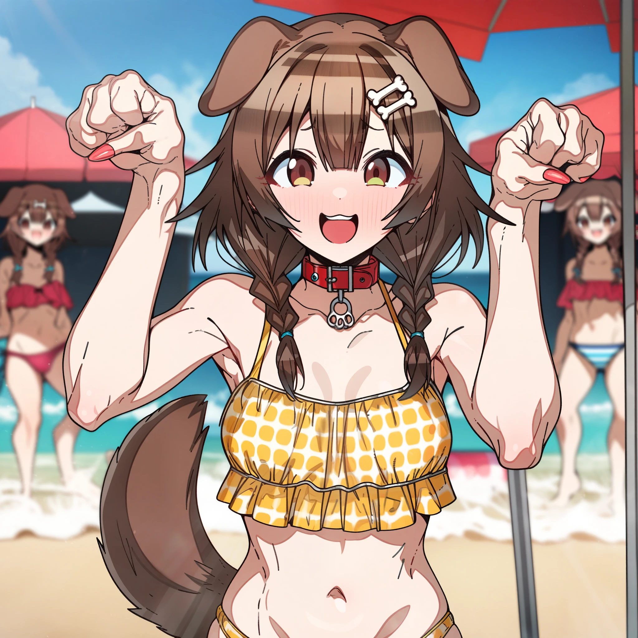 inugami_korone, Artist, erere, Copyrights, idolmaster, idolmaster_shiny_colors, Character, General, 1girl, brown_hair, blunt_bangs, blush, medium_breasts, breasts, smile, brown_eyes, censored, striped bikini, yellow_bikini, frilled_bikini, navel, dog_tail, animal_collar, twin_braids, dog_ears, bone_hair_ornament, raised_eyebrows, paw_pose, :d, teeth, raised_eyebrows, (full_body) (standing in middle, beach_umbrella), sky, detailed, sand, outdoors, looking_at_viewer, facing_viewer, masterpiece, best_quality, great_quality, girl, solo, center_composition, centered character, cute
