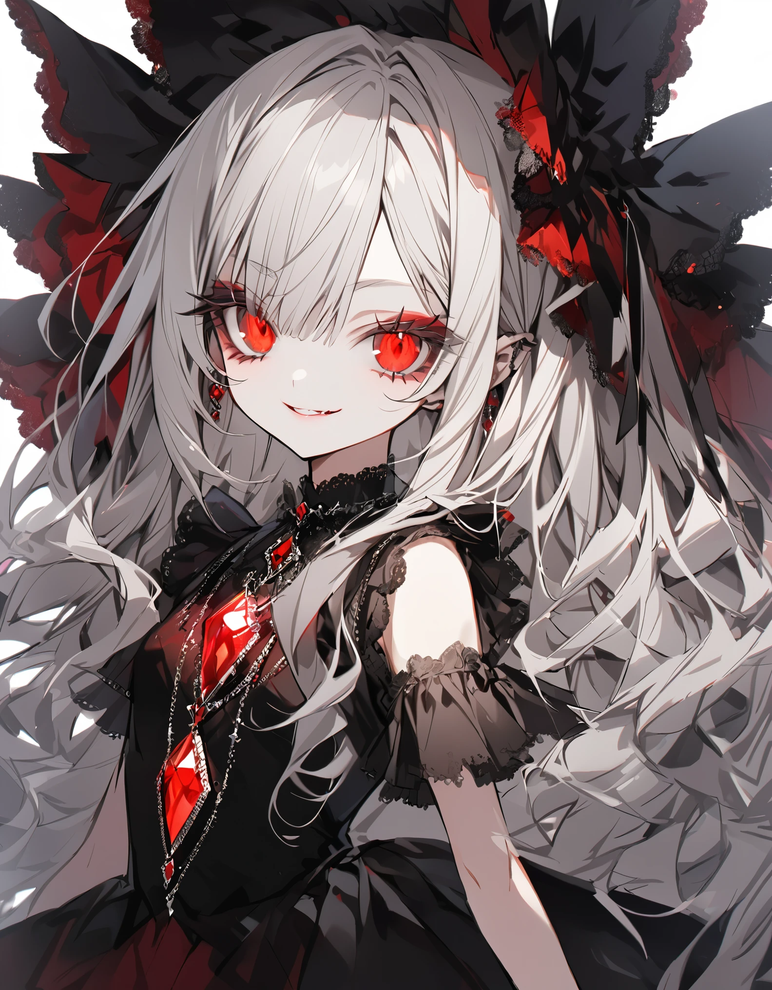 (Sketches)Goth Girl (Young Girl:1.5)Small breasts (Small body)Silver Hair (Long Hair:1.4)(eye shadow:1.3)(Eyelashes:1.2)(Red glowing eyes), (Big Hair) Original costume girly dress(fringe),(More about the Strand), (White Background), Wicked Smile　gem