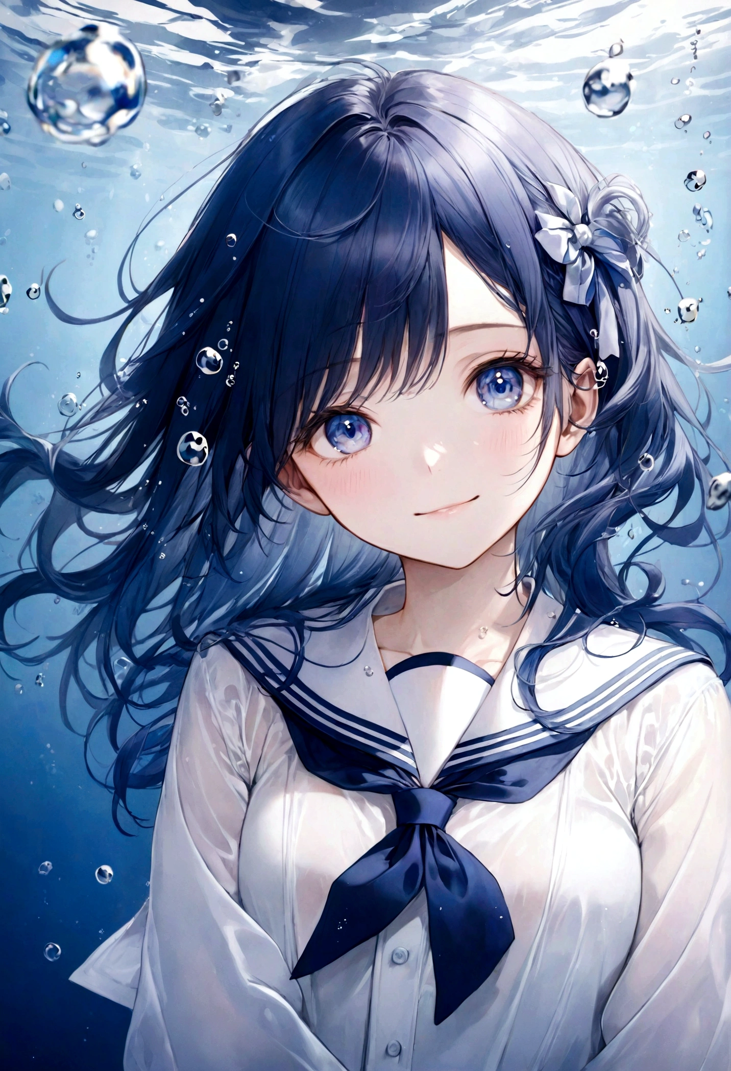 ((top-quality)), ((masterpiece)), ((ultra-detailliert)), (extremely delicate and beautiful), bright sapphire blue hair, bright sapphire eyes, fair skin, beautiful woman, sheer white sailor uniform, sheer white jacket, navy blue ribbon ties, underwater world, cold background, air bubbles, water bubbles, underwater, sweet smile, delicate wavy long hair