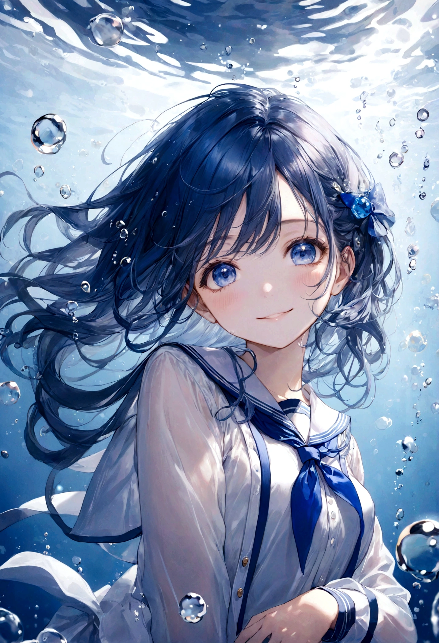 ((top-quality)), ((masterpiece)), ((ultra-detailliert)), (extremely delicate and beautiful), bright sapphire blue hair, bright sapphire eyes, fair skin, beautiful woman, sheer white sailor uniform, sheer white jacket, navy blue ribbon ties, underwater world, cold background, air bubbles, water bubbles, underwater, sweet smile, delicate wavy long hair