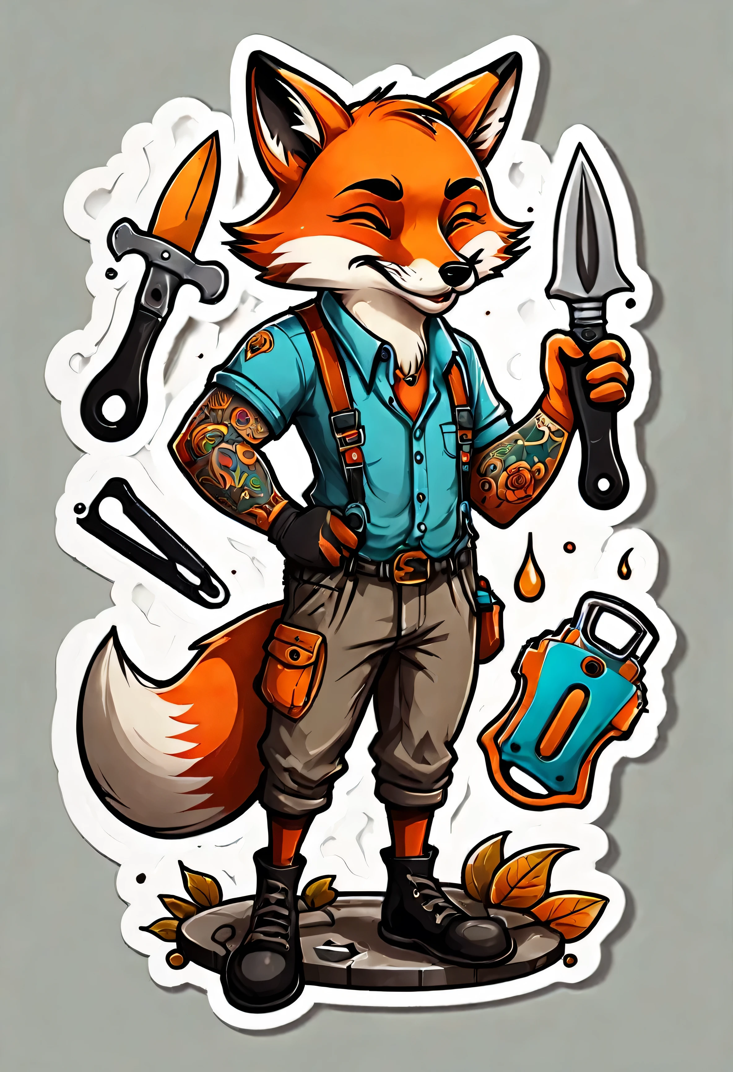 stickers character fox tattoo artist with different emotions and tools for work in Vladimir Suteev's style