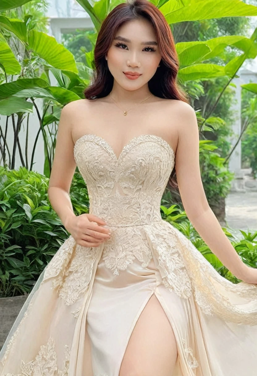 (best high quality:1.2), Work of art, 8k, extremely detailed, (High detail:1.2), (Hotlexi woman), Solo, 24 year old Vietnamese female, (dress strapless),