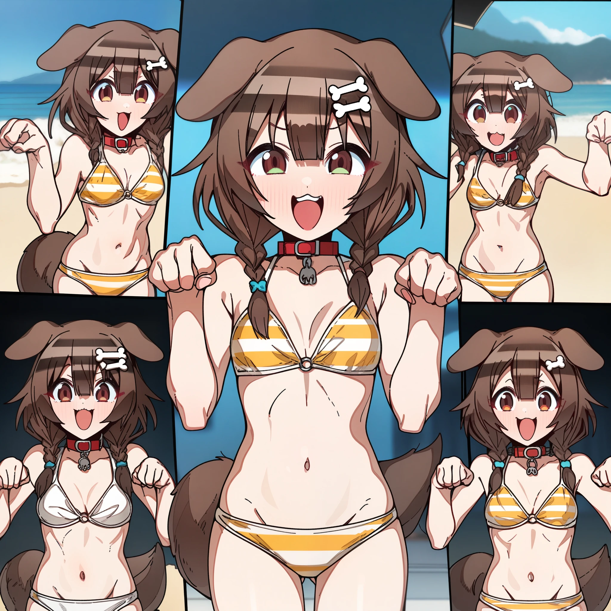 inugami_korone, Artist, erere, Copyrights, idolmaster, idolmaster_shiny_colors, Character, General, 1girl, brown_hair, blunt_bangs, blush, medium_breasts, breasts, smile, brown_eyes, censored, striped bikini, yellow_bikini, frilled_bikini, navel, dog_tail, animal_collar, twin_braids, dog_ears, bone_hair_ornament, raised_eyebrows, paw_pose, :d, teeth, raised_eyebrows, (full_body) (standing in middle, beach_umbrella), sky, detailed, sand, outdoors, looking_at_viewer, facing_viewer, masterpiece, best_quality, great_quality, girl, solo, center_composition, centered character, cute