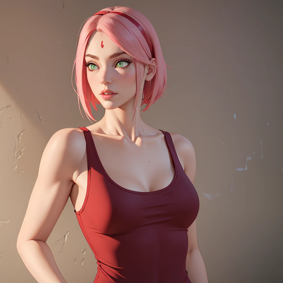 young woman, short shoulder-length pink hair, wide forehead, porcelain skin, pink eyebrows, big emerald green eyes, buttoned nose, full lips, heart-shaped face, slender body, small breasts, red tank top, Sakura Haruno , realistic, realism, details, 3d, well detailed
