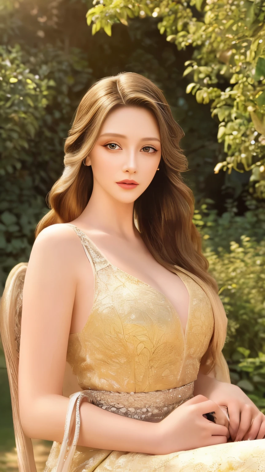 1girl, beautiful detailed eyes, beautiful detailed lips, extremely detailed face and portrait, long eyelashes, elegant dress, sitting in a lush garden, ambient light, golden hour, cinematic lighting, intricate details, highly detailed, 8k, photorealistic, masterpiece, digital painting