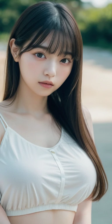masterpiece, highest quality, 8k, 20th Generation, Big Breasts, cute, alone, sad, cute, Girlish, cute、Delicate girl, Pure beauty, RAW Photos, Professional photography, Portraiture, Soft Light, Professional Lighting, Backlight, Upper Body, avert your eyes, Sophisticated, Film Grain, (Round face、Young Face、Thin eyebrows、Thin lips:1.0), Floating Hair, beautiful, Flowing hair, bangs, Pastel colored blouses、(Big Breasts:1.4)、The chest is slightly visible、Micro Mini Skirt、Voluptuous thighs、dolly make、Heterochromia iridis、Left and right eyes are different colors、Midsummer sky、Cumulonimbus、Summer beach