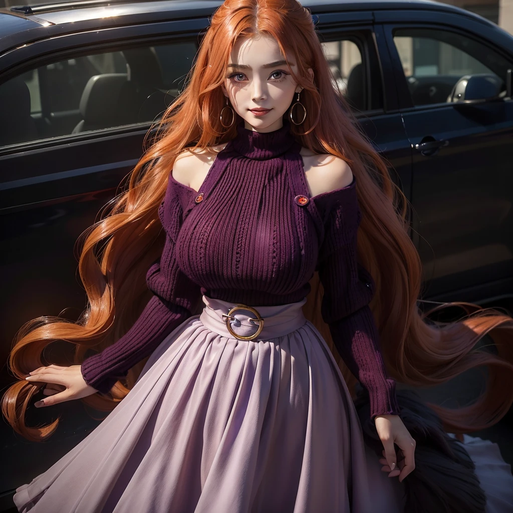 woman((19year old)), hair((orange, wavy, long)), eyes((purple, big eyes)), ((chiffon, knit sweater, long-skirt, maroon)), accessories ((chocker)), gigantic breast, wide hips , standing by a black g-wagon limo, make-up look, smiling expression,