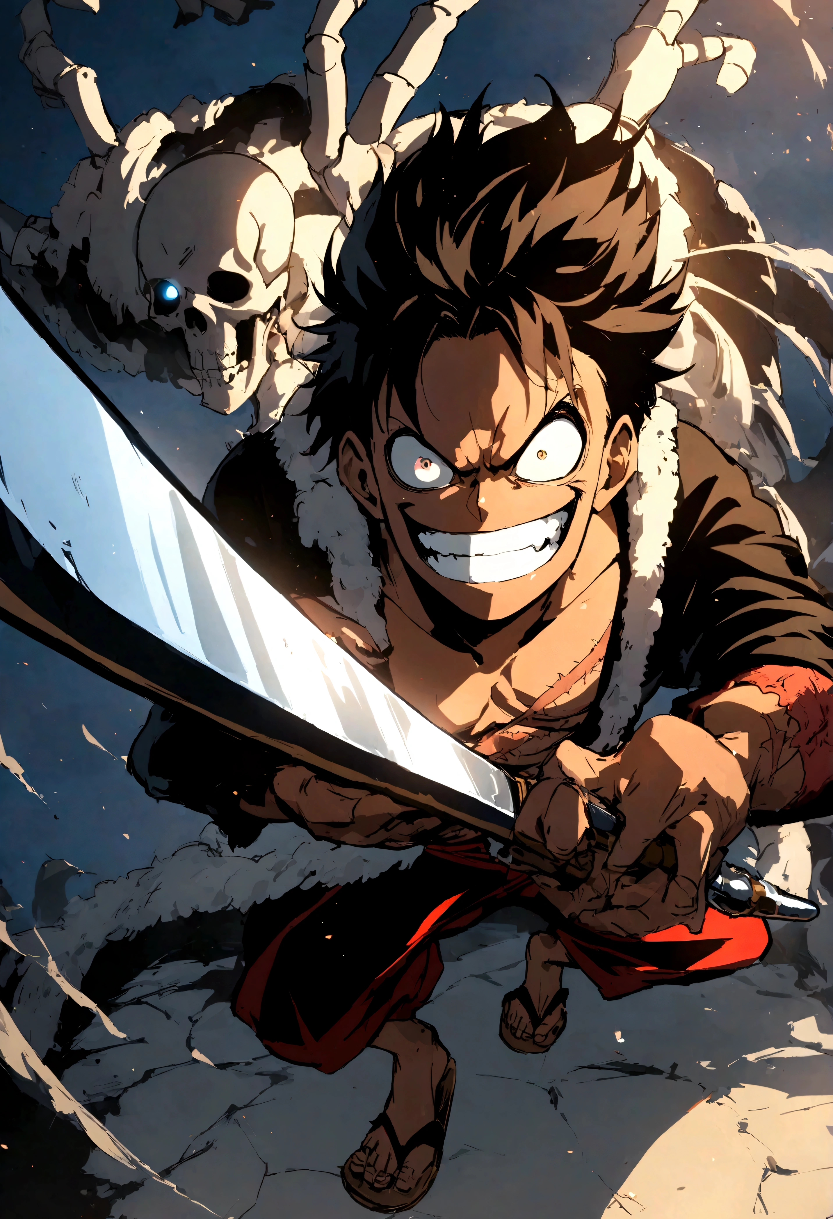 Full body shot,Monkey D. Luffy,Gear fourth,black hair,armor,dark skin,an evil grin on his face,eyes glow blue, holding a sword in both hands,dynamic pose,smile,male focus,shorts,teeth,grin,scar,sandals,straw hat,stitches,skeleton,bone,scar on chest,grey mist swirling around him,high resolution with high contrast, cinematic lighting, vibrant colors, sharp focus and high detail.