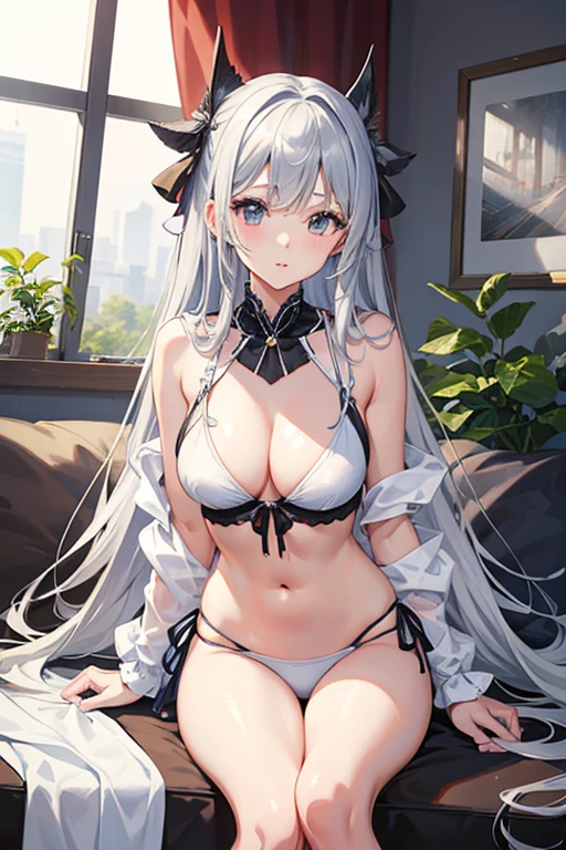 masterpiece, highest quality, High resolution，Follow the prompts、Anime Style、Silver Hair、Long Hair、bikini、White cover up