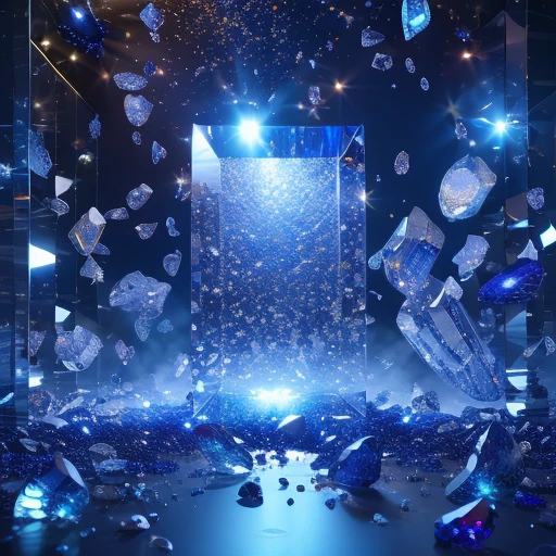 masterpiece, high quality,sapphire, Clean Background Booth, Scattered crystals, Very flashy, Crystal Clear, Emits colorful light, Star Powder, Center Configuration, Split Lighting, Creative Background Design, Front view, Surreal Scene, Natural rendering, Fantasy、beautiful