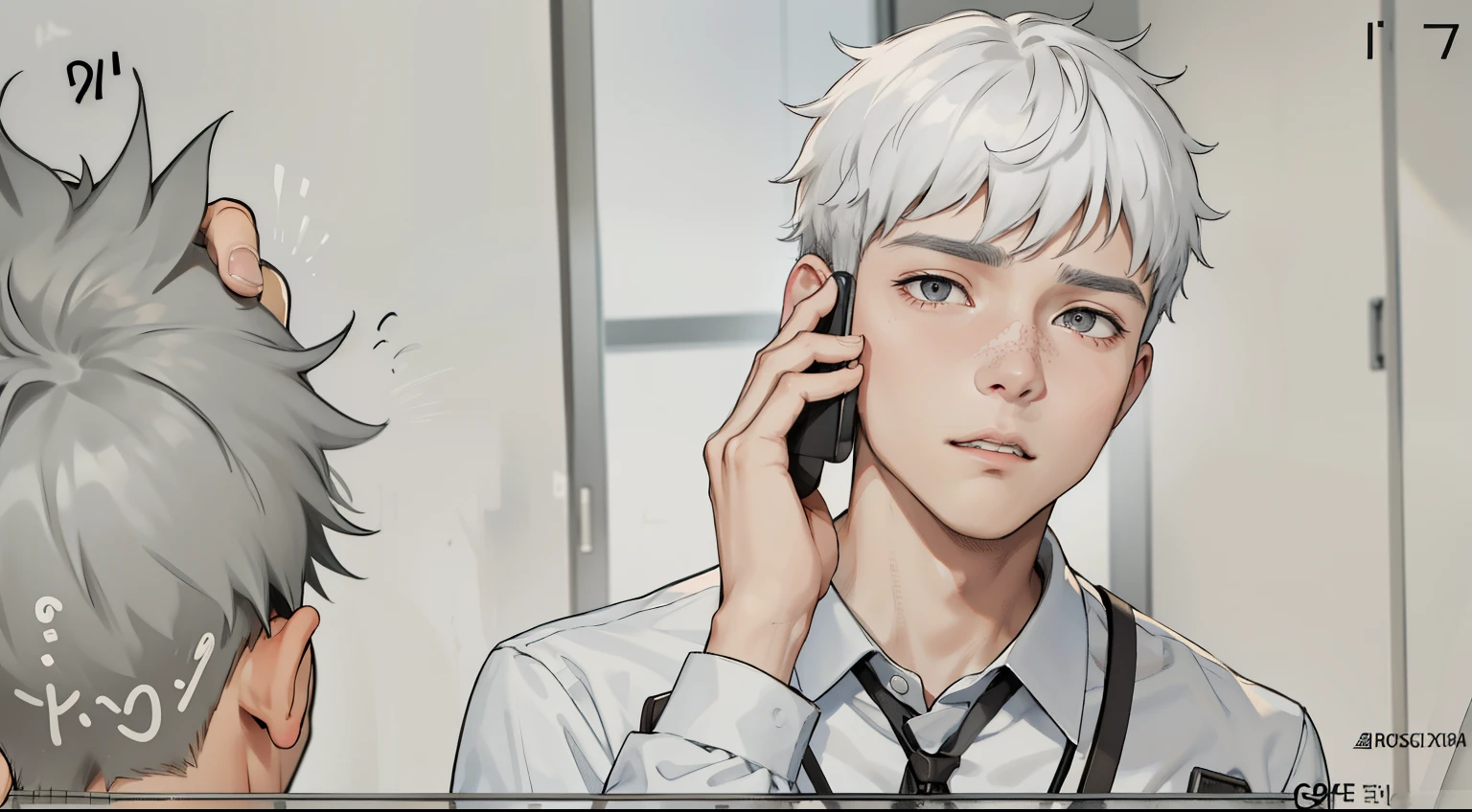 talks on cell phone cute 17 year old boy gray eyes gray hair talks worried scared on cell phone